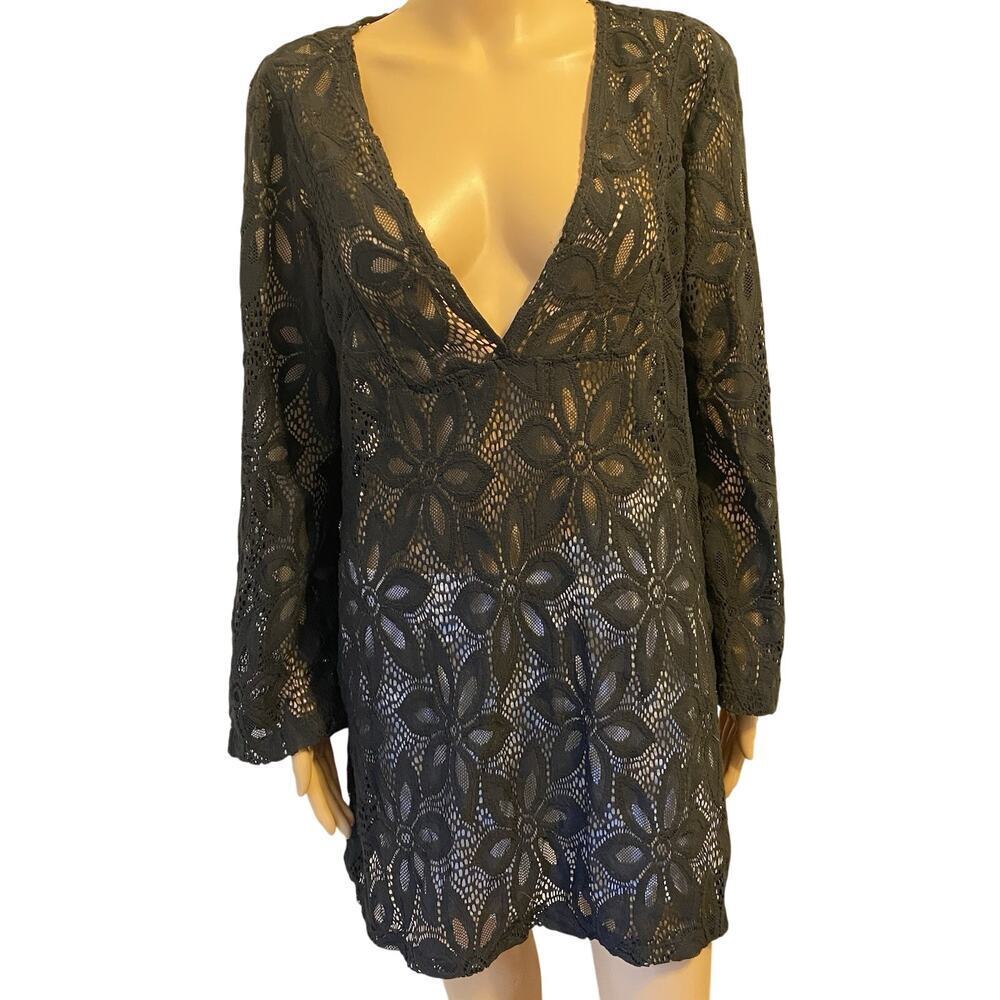 J Valdi Swim Cover-Up Dress M Black Lace Mesh Whimsigoth Pullover Cruise Beach